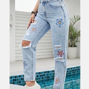 Too Adorable!! Shein Sz 30 Blue Jeans w Embroidered Flowers